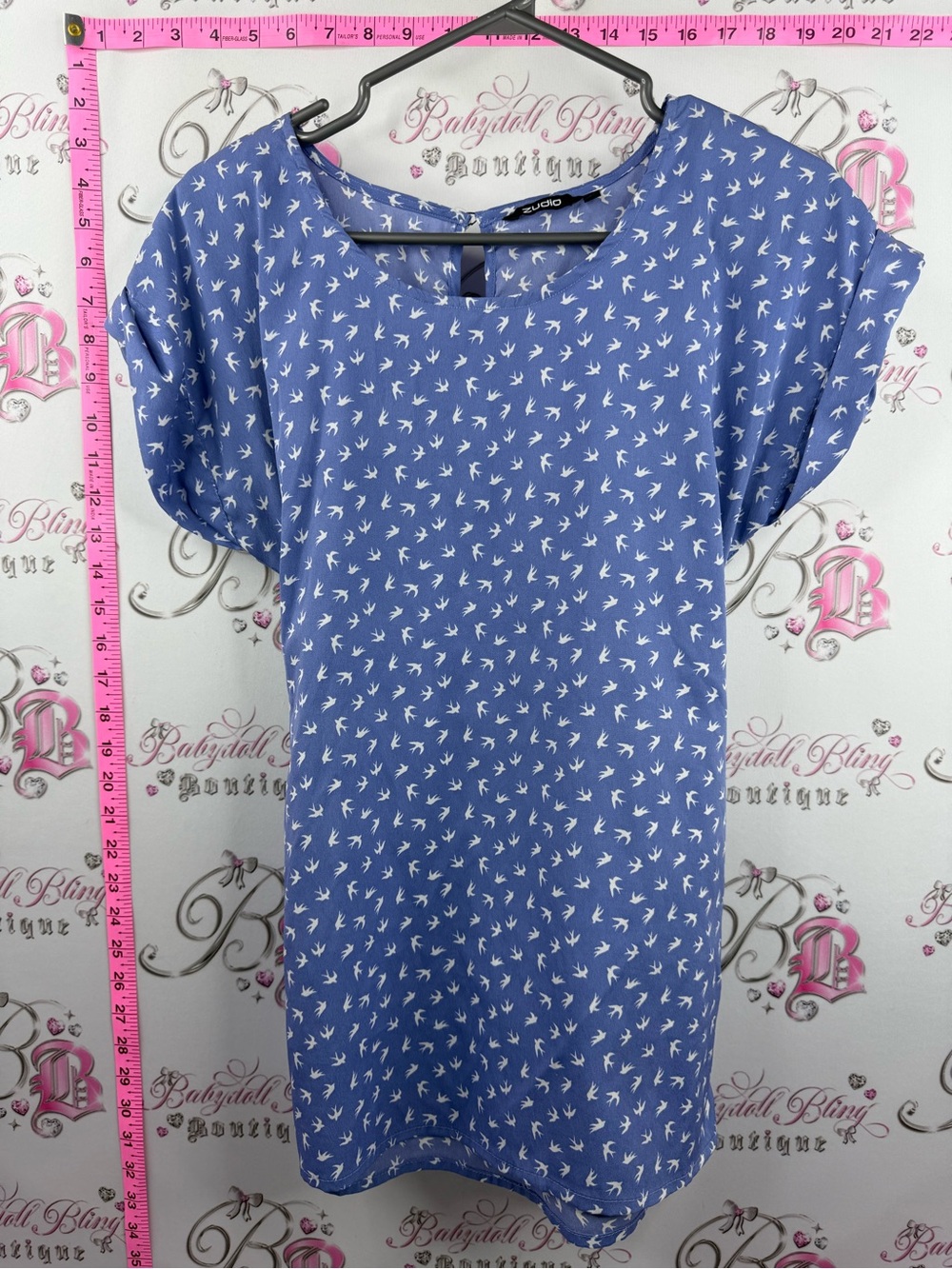 ZUDIO dress tie up birds Blue Print-Pattern Short Sleeve Dress